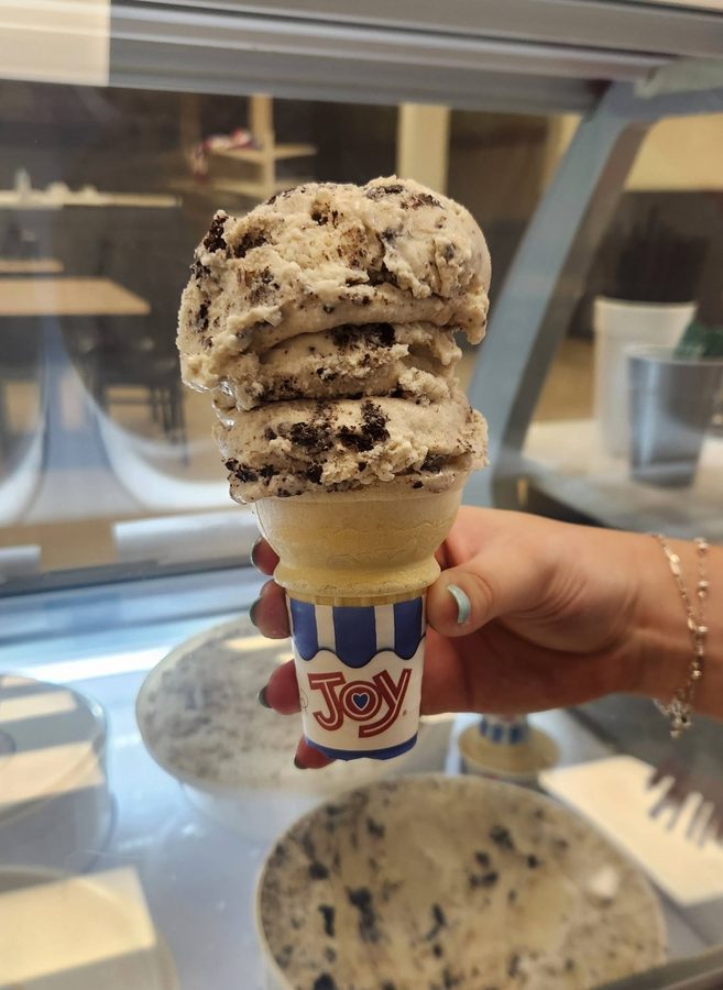 A cookies-and-cream ice cream cone